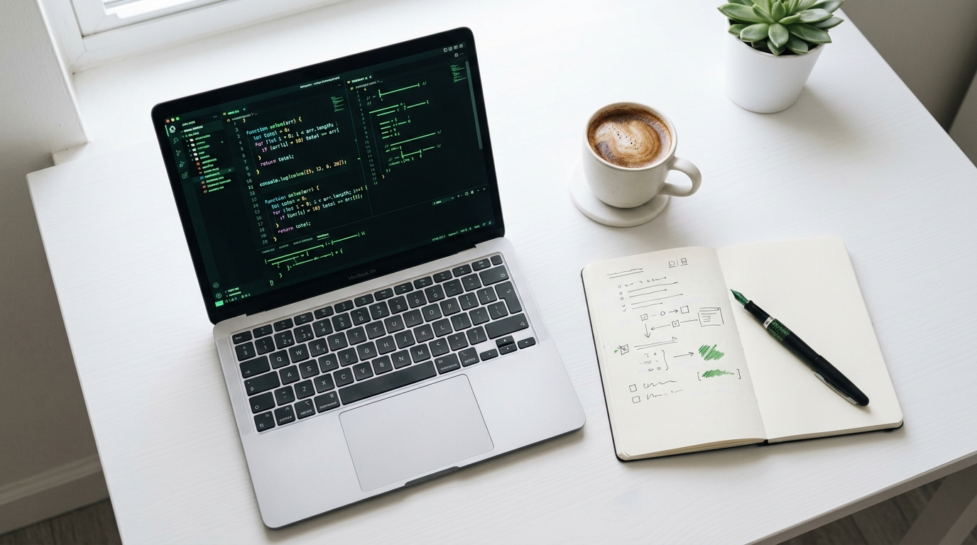 Laptop menampilkan kode prompt AI dengan notebook dan kopi di meja putih bersih